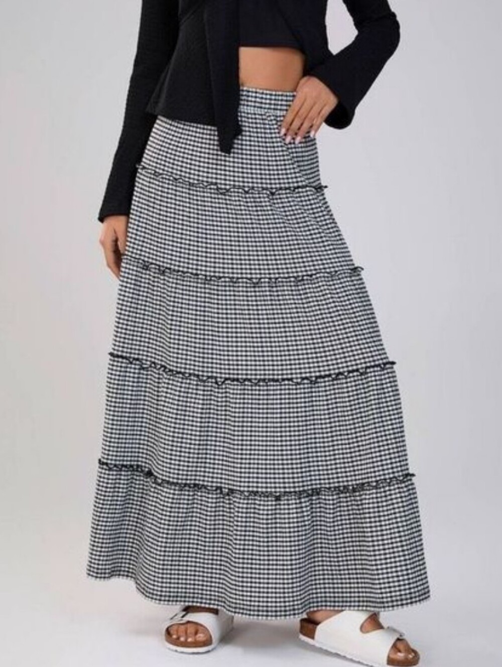 NWT Wild Fable - Women's Elastic Waist Check Tiered Ruffle Hem Maxi Black